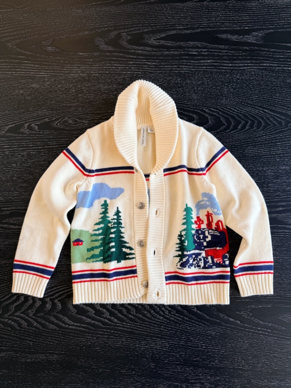 Janie and Jack Cream Shawl Collar Cardigan with Train and Forest Motif